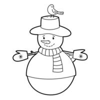 boneco de neve dentro chapéu com uma pássaro. Preto branco esboço ilustração. adequado para antiestresse e crianças coloração livros vetor