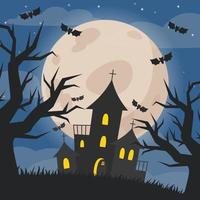 ilustração de halloween de paisagem noturna com castelo e lua cheia vetor