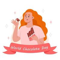 dia mundial do chocolate, uma jovem comendo uma barra de chocolate vetor