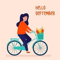 garota feliz anda de bicicleta. Olá setembro. vetor