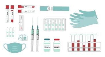 conjunto de equipamentos para teste e vacinação contra coronavírus vetor