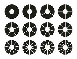 coleção do círculos divisão em 1, 2, 3, 4, 5, 6, 7, 8, 9, 10, 11, 12 igual peças. volta dividido diagramas com segmentos. conjunto do infográfico modelos. treinamento roda vida em branco. vetor ilustração.