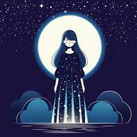 fofa menina com uma luminoso vestir luar estrelas universo vetor ilustração, uma menina dentro uma azul vestir Rezar dentro a noite céu vetor imagem