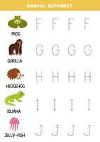 rastreamento cartas do animal alfabeto. escrevendo prática. vetor
