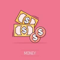 ícone de dinheiro dos desenhos animados em estilo cômico. pictograma de ilustração de sinal de dinheiro dólar. conceito de negócio de respingo de moeda. vetor