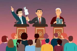 três homem candidatos estão discutindo em estágio. debates conceito. candidatos discurso dentro frente do a multidão pessoas. 2024 indonésio geral eleição. vetor ilustração.