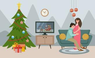 Natal quarto interior. conceito do feriado, Natal e Novo ano. gravidez às Natal. Natal árvore e decorações, casal dentro amor em a sofá. vetor ilustração.