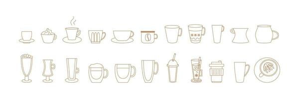 linear café copos e canecas. linha arte definir. ícone, logotipo, emblema, adesivo. rabisco desenhos. café casa. vetor