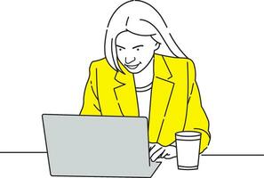 uma lindo menina é ocupado com escritório trabalhos com computador portátil linha arte Projeto vetor