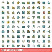 100 dinheiro ícones definir, cor linha estilo vetor