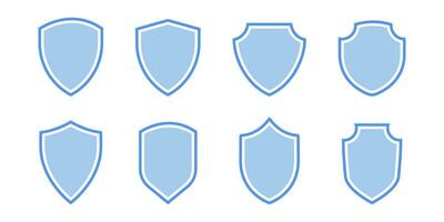 escudo ícone dentro plano. azul escudo distintivo. escudo emblema definir. segurança crachá dentro plano. segurança emblema ícone conjunto vetor