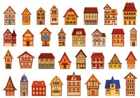 tradicional alemão casas ícones conjunto desenho animado vetor. medieval Vila vetor