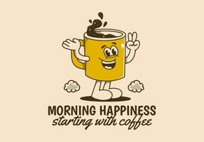 manhã felicidade iniciando com café. personagem do café caneca com feliz face vetor