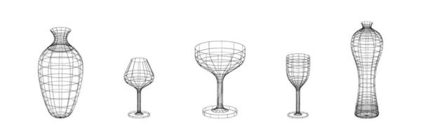 conjunto do geométrico estrutura de arame formas.preto e branco retro linear Projeto elementos. 3d. ano 2000 . vetor ilustração para social meios de comunicação ou cartazes.