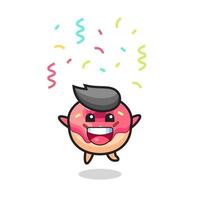 mascote de rosquinha feliz pulando para parabéns com confete colorido vetor