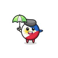 Ilustração fofa do distintivo da bandeira das Filipinas segurando um guarda-chuva vetor