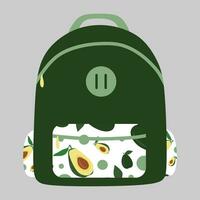 vetor ilustração do verde mochila com abacate padronizar. verde escola saco isolado em branco fundo. plano estilo desenho animado Projeto elemento, Faculdade acessório para Educação. bandeira, adesivo, poster