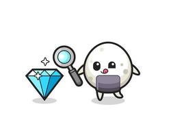 mascote onigiri está verificando a autenticidade de um diamante vetor