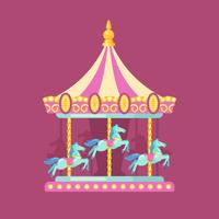 Ilustração plana de carnaval de parque de diversões. Ilustração de parque de diversões de um carrossel rosa e amarelo com cavalos à noite vetor