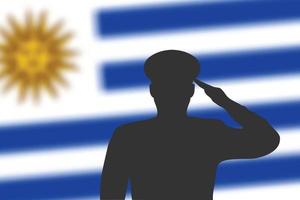 silhueta de solda em desfocar o fundo com a bandeira do Uruguai. vetor