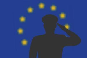 silhueta de solda em desfocar o fundo com a bandeira da União Europeia. vetor