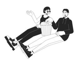 coreano jovem adulto casal discutindo filme Preto e branco 2d linha desenho animado personagens. namorado namorada assistindo filme juntos isolado vetor esboço pessoas. monocromático plano local ilustração