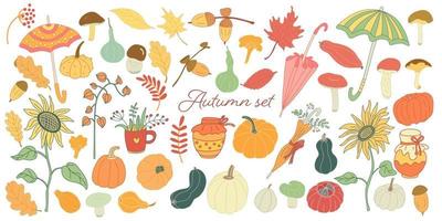 coleção de doodle de cores de outono com abóboras, folhas e guarda-chuvas vetor