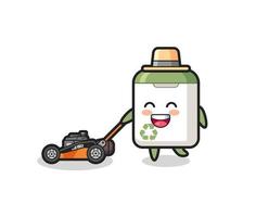 ilustração do personagem de lata de lixo usando cortador de grama vetor