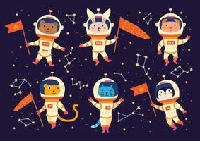 conjunto de astronautas animais em trajes espaciais. vetor
