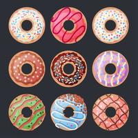 conjunto de 9 rosquinhas coloridas de desenho animado em preto vetor