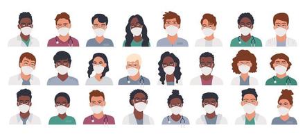 médico profissional e enfermeira avatares na máscara vetor