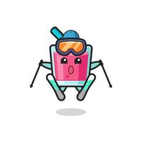 personagem mascote de suco de morango como jogador de esqui vetor