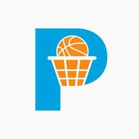 carta p basquetebol logotipo conceito. cesta bola logótipo símbolo vetor modelo