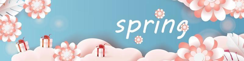 compras online e pôster de promoção da temporada de saldos de primavera vetor