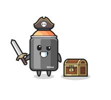 o personagem pirata com tinta spray segurando uma espada ao lado de uma caixa de tesouro vetor