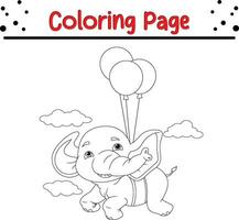 desenho animado fofa elefante vôo com balão coloração página para crianças. vetor ilustração coloração livro.