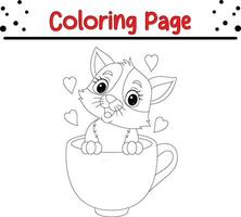 desenho animado fofa gatinho sentado copo com corações coloração página para crianças vetor