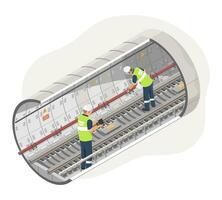 subterrâneo estrada de ferro engenheiro inspetor inspecionar construção do metrô ponte depois de manutenção isométrico isolado vetor