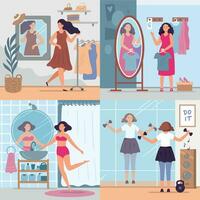 menina olhando dentro espelho. mulheres dentro à moda vestir sala, banheiro e Academia Veja dentro espelhos. feliz reflexão dentro espelho vetor ilustração conjunto