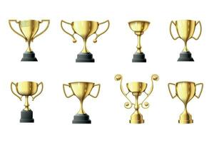 dourado troféu copo. vencedores troféu, primeiro Lugar, colocar lustroso ouro copos e ganhar Esportes prêmio vetor ilustração conjunto