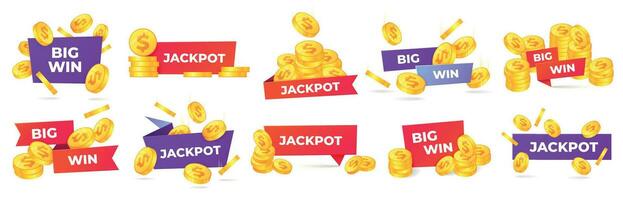 jackpot e grande ganhar rótulos. vencedora Parabéns bandeira, dinheiro prêmio e cassino prêmios rótulo vetor conjunto