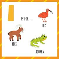Aprendendo Inglês alfabeto para crianças. carta eu. fofa desenho animado iguana íbis e íbex. vetor