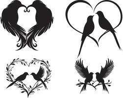 coleção do esboço silhuetas casal do uma fofa pássaros dentro Preto coração forma para amoroso em namorados dia vetor