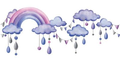 uma costurado arco Iris com nuvens e pingos de chuva suspensão a partir de cordas dentro azul, roxa e Rosa. infantil fofa mão desenhado aguarela ilustração. desatado fronteira em uma branco fundo vetor