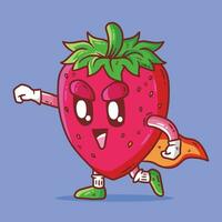 fofa feliz morango fruta dentro Super heroi pose mascote personagem vetor desenho animado ilustração. morango vetor desenho animado ilustração