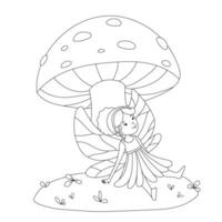 fofa pequeno fada sentado debaixo cogumelo isolado em branco. vetor esboço ilustração para coloração página