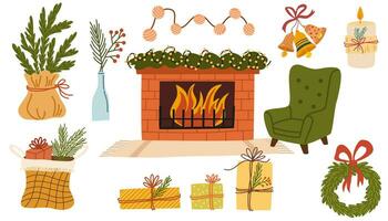 Natal interior elementos definir. lareira, sofá, vaso, vela, cadeira, festão, presente cesta, Natal guirlanda. inverno feriado casa decoração. acolhedor casa mobiliário. vetor mão desenhar ilustração