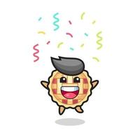 mascote de torta de maçã feliz pulando para parabéns com confetes coloridos vetor