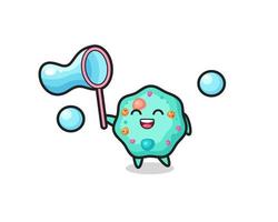 desenho animado de ameba feliz jogando bolha de sabão vetor