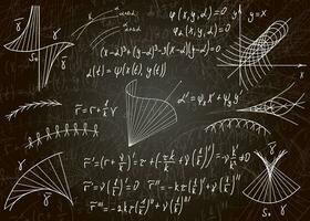 matemático fórmulas desenhado de mão em uma Preto imundo quadro-negro para a fundo. vetor ilustração